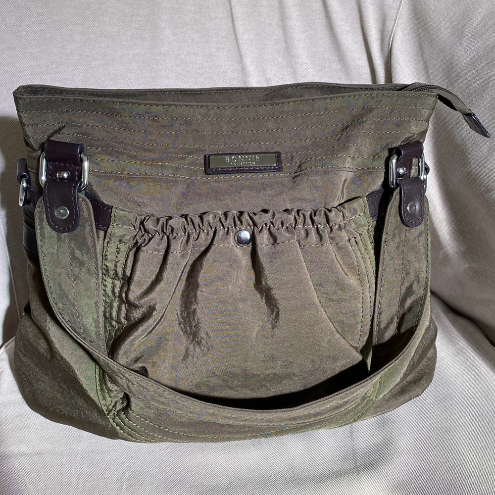 Bonnie Collection Olive Green Large Canvas Bucket Tote Bag w/Brown Leather Trim
